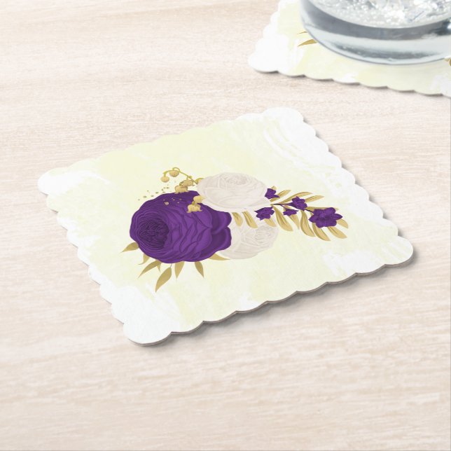 royal purple & white flowers gold  paper coaster (Angled)