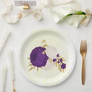 royal purple & white flowers gold  paper plate