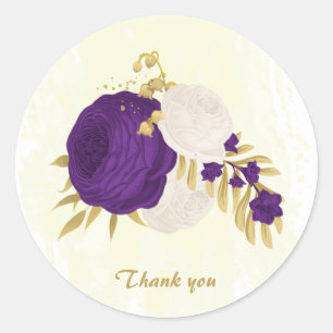 royal purple & white flowers gold thank you classic round sticker
