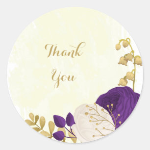 royal purple & white flowers gold thank you classic round sticker