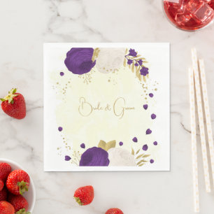 royal purple & white flowers gold wedding napkin