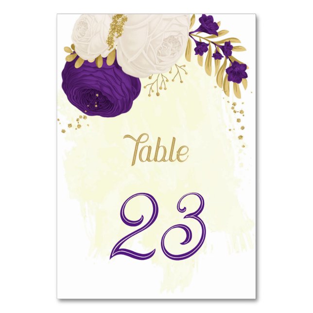royal purple white flowers gold wedding table numb table number (Front)