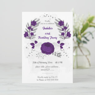royal purple white flowers silver birthday party invitation