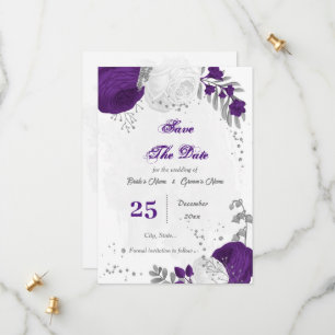 royal purple white flowers silver botanical save the date