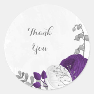 royal purple & white flowers silver classic round sticker