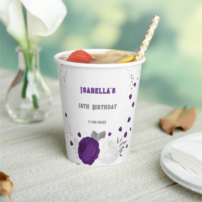 royal purple & white flowers silver paper cups (Insitu)