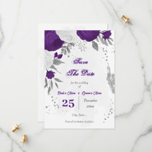 royal purple white flowers silver save the date
