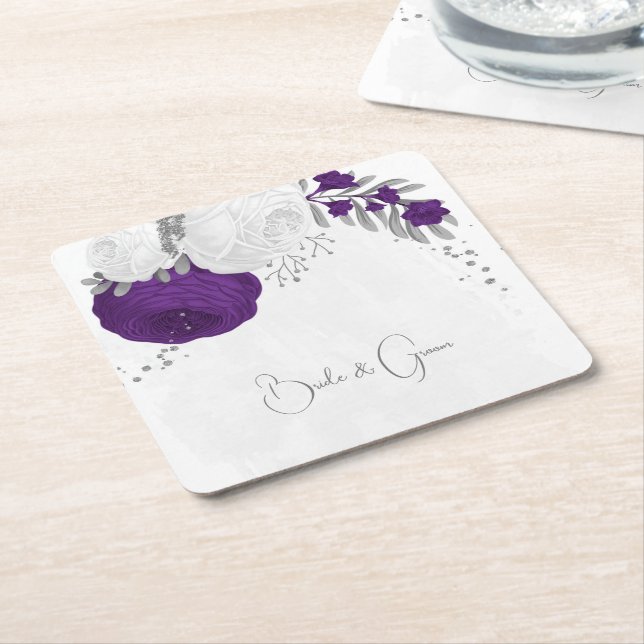 royal purple & white flowers silver square paper coaster (Angled)