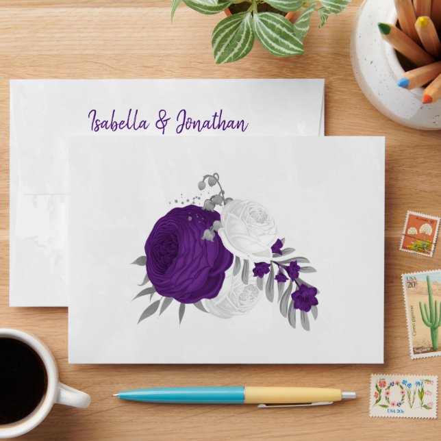 royal purple & white flowers silver wedding envelope (Desk)
