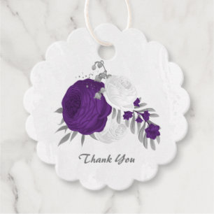 royal purple & white flowers silver wedding favour tags