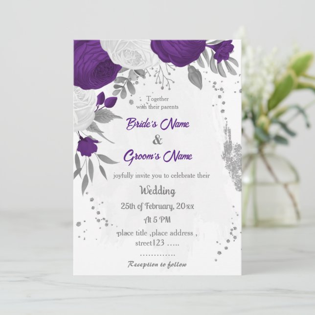royal purple white flowers silver wedding invitation (Standing Front)