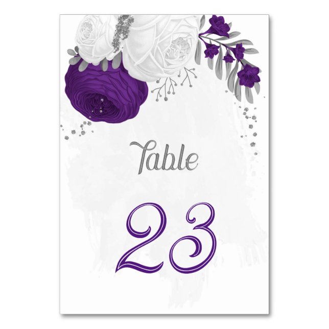 royal purple white flowers silver wedding table nu table number (Front)