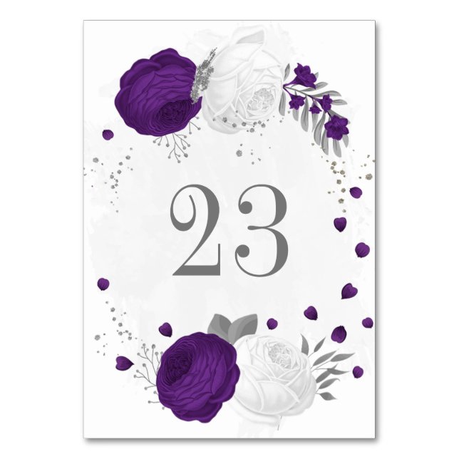 royal purple white flowers silver wedding table number (Front)
