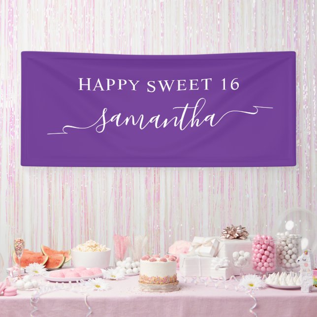 Royal Purple White Happy Sweet 16 Ribbon Name Banner (Party)