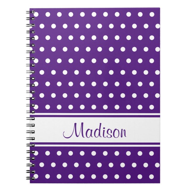 Royal Purple White Polka Dot Stripe Script Name Notebook (Front)