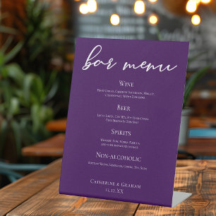 Royal Purple White Script Wedding Bar Menu Pedestal Sign