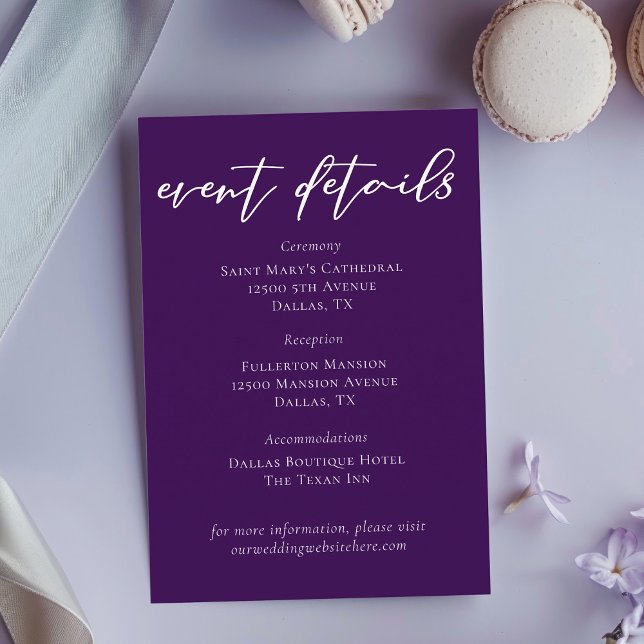Royal Purple White Script Wedding Event Details Enclosure Card (Creator Uploaded)