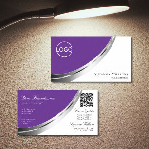 Royal Purple White Silver Decor Logo and QR-Code Business Card