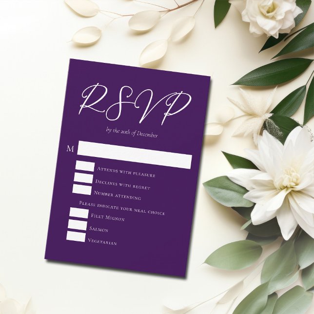 Royal Purple White Typography Evening Wedding RSVP Card (Creator Uploaded)