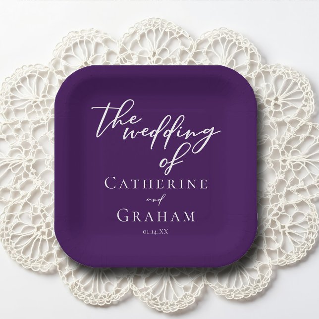 Royal Purple White Typography Personalised Wedding Paper Plate (Creator Uploaded)