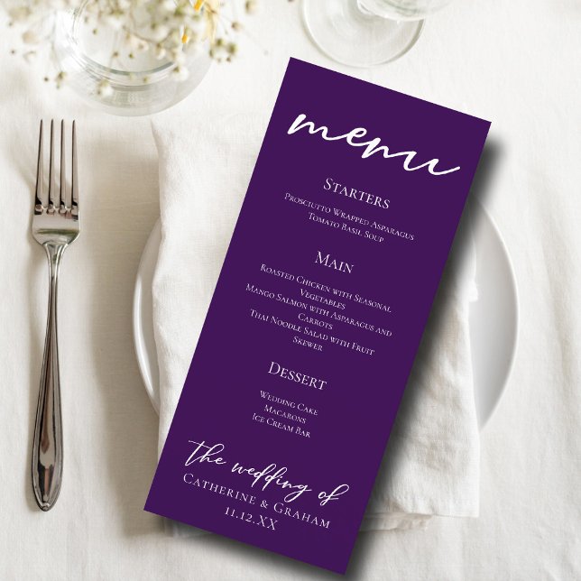 Royal Purple White Typography Wedding Dinner Menu (Creator Uploaded)