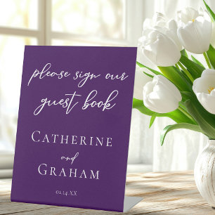 Royal Purple White Typography Wedding Guest Book Pedestal Sign