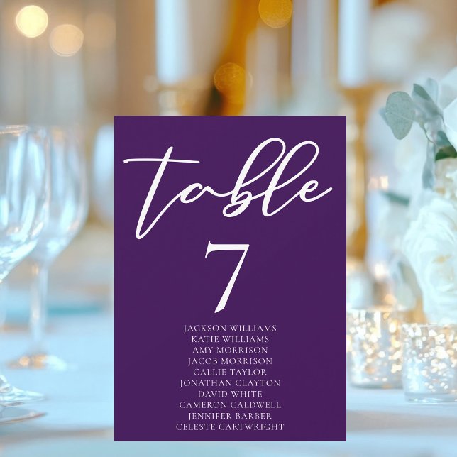 Royal Purple White Wedding Table Card w Names (Creator Uploaded)