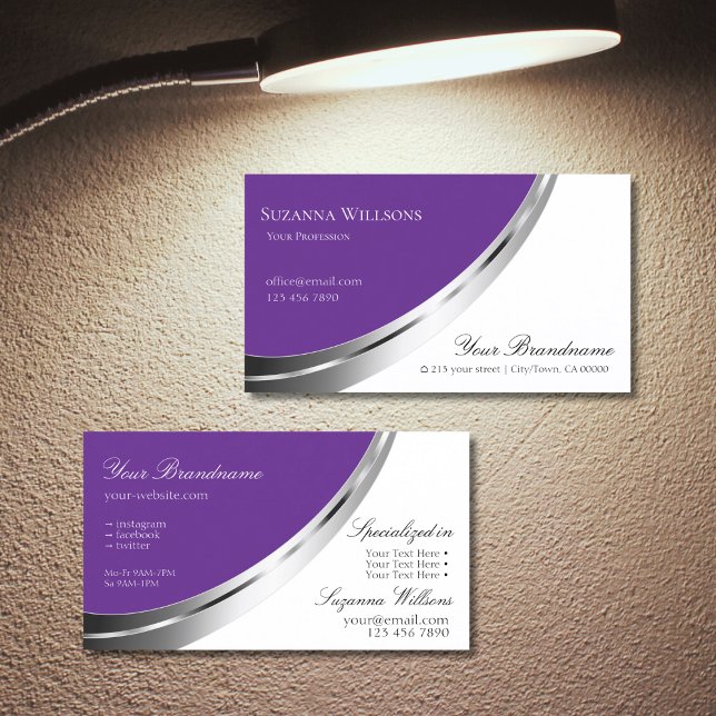 Royal Purple White with Decorative Silver Decor Business Card (Creator Uploaded)