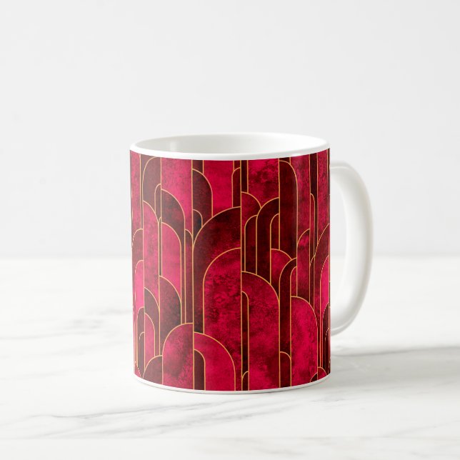 Royal Red and Gold Art Deco Pattern Coffee Mug (Front Right)