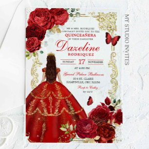 Royal Red and Gold Princessa Quinceañera Acrylic Invitations