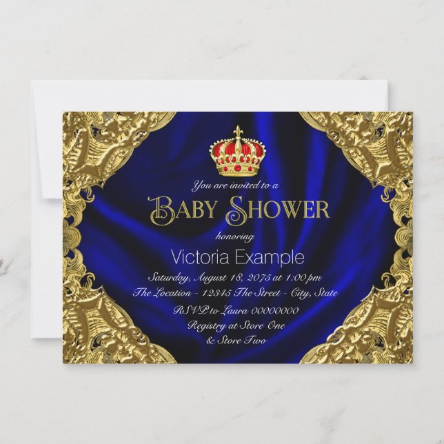Royal Red Blue and Gold Crown Baby Shower Invitation (Back)