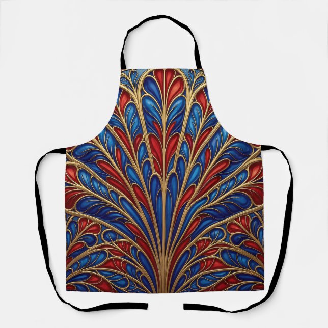 Royal Red Blue Gold Ornate Peacock Fan Pattern Apron (Front)