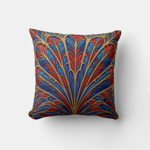 Royal Red Blue Gold Ornate Peacock Fan Pattern Cushion