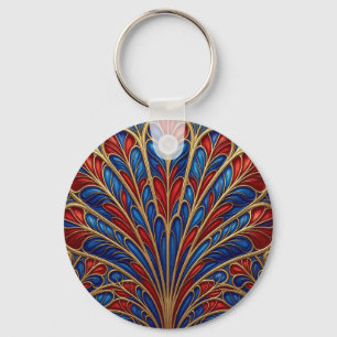 Royal Red Blue Gold Ornate Peacock Fan Pattern Key Ring
