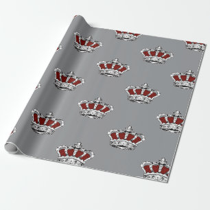 Royal Red Crown Pattern on Modern Gray Background Wrapping Paper