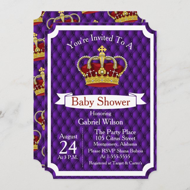 Royal Red Crown & Purple Regal Baby Shower Invitation (Front/Back)