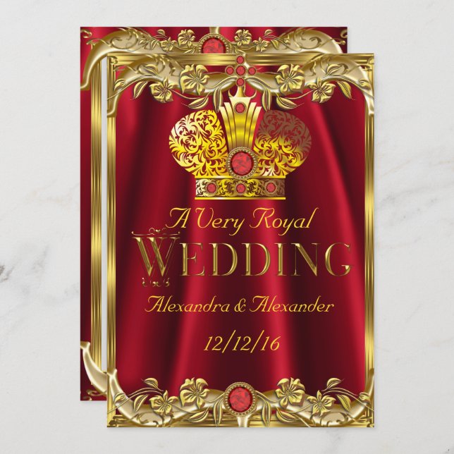 Royal Red Gems Wedding Gold Crown Invitation (Front/Back)