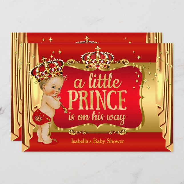Royal Red Gold Boy Prince Baby Shower Blonde Invitation (Front/Back)