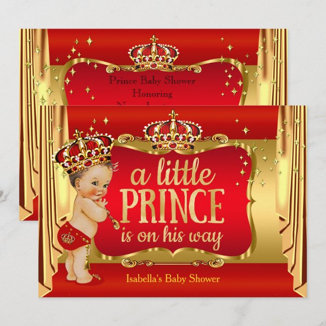 Royal Red Gold Boy Prince Baby Shower Brunette Invitation (Front/Back)
