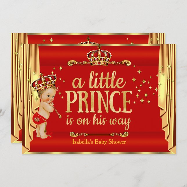 Royal Red Gold Drapes Prince Baby Shower Blonde Invitation (Front/Back)