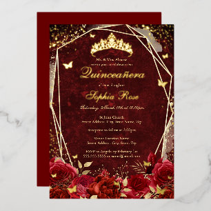 Royal Red Gold Floral Butterfly Tiara Quinceanera
