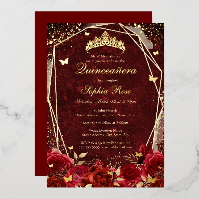 Royal Red Gold Floral Butterfly Tiara Quinceanera (Front/Back)