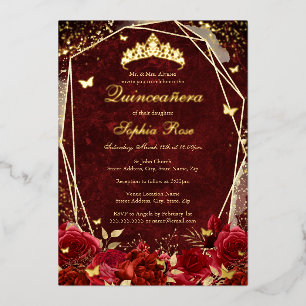 Royal Red Gold Floral Butterfly Tiara Quinceanera