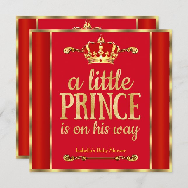 Royal Red Gold Prince is on his way Baby Shower Invitation (Front/Back)