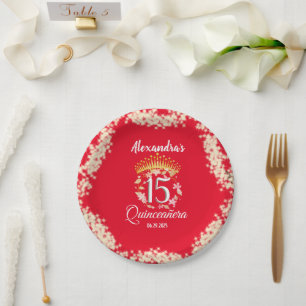 Royal Red Gold Vintage Boho Quinceañera Spanish Paper Plate