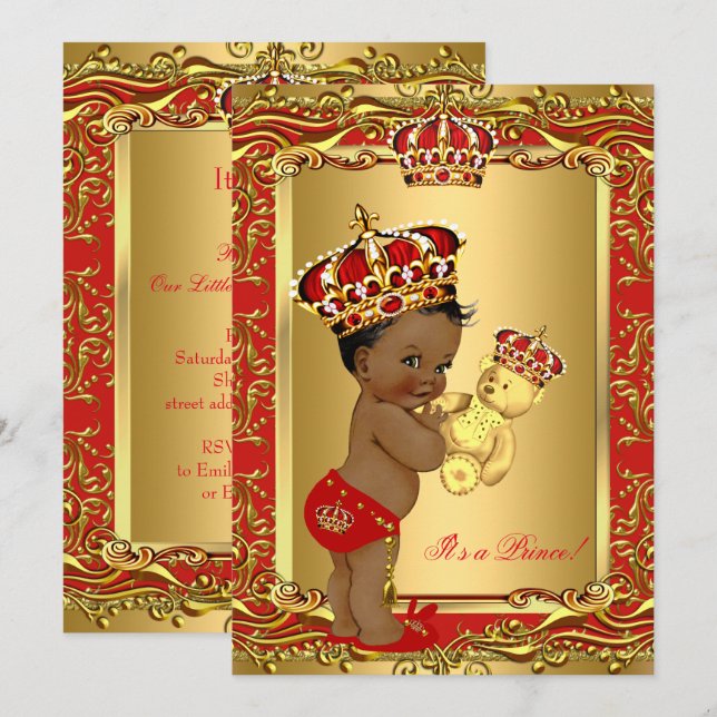 Royal Red Prince Crown Baby Shower Bear Ethnic Invitation (Front/Back)
