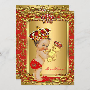 Royal Red Prince Crown Baby Shower Bear Invitation