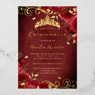 Royal Red Rose Floral Gold Swirl Quinceanera