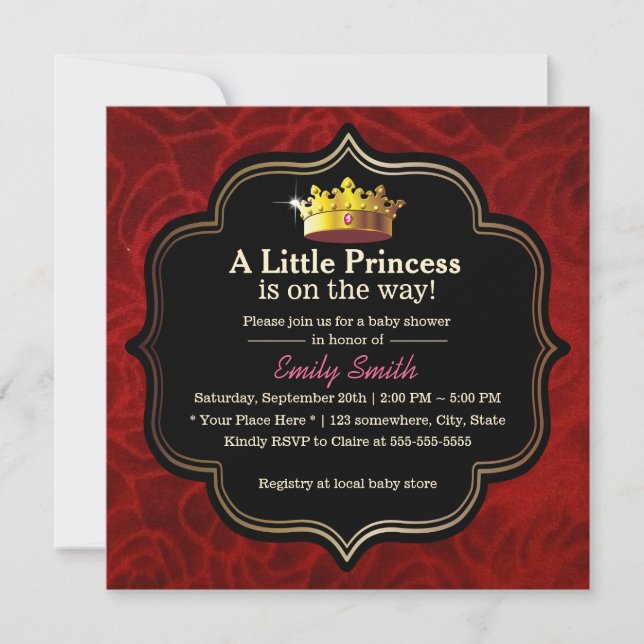 Royal Red Velvet Little Princess Crown Baby Shower Invitation (Front)