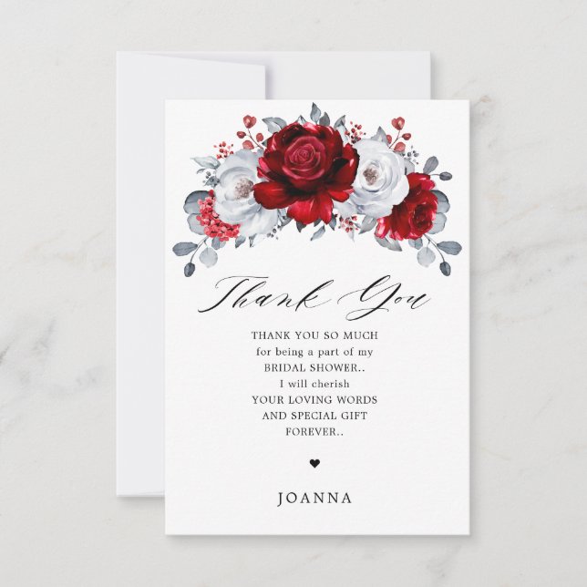Royal Red White Silver Metallic  Bridal Shower Thank You Card (Front)